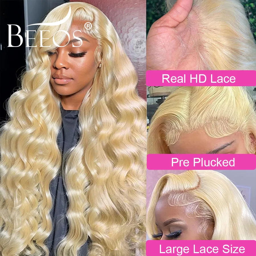 34inch 250% 13x6 HD Lace Frontal Wigs Melt Skins Natural Scalp 613 Blonde Body Wave Wig HD Lace Closure Human Hair Wig For Woman