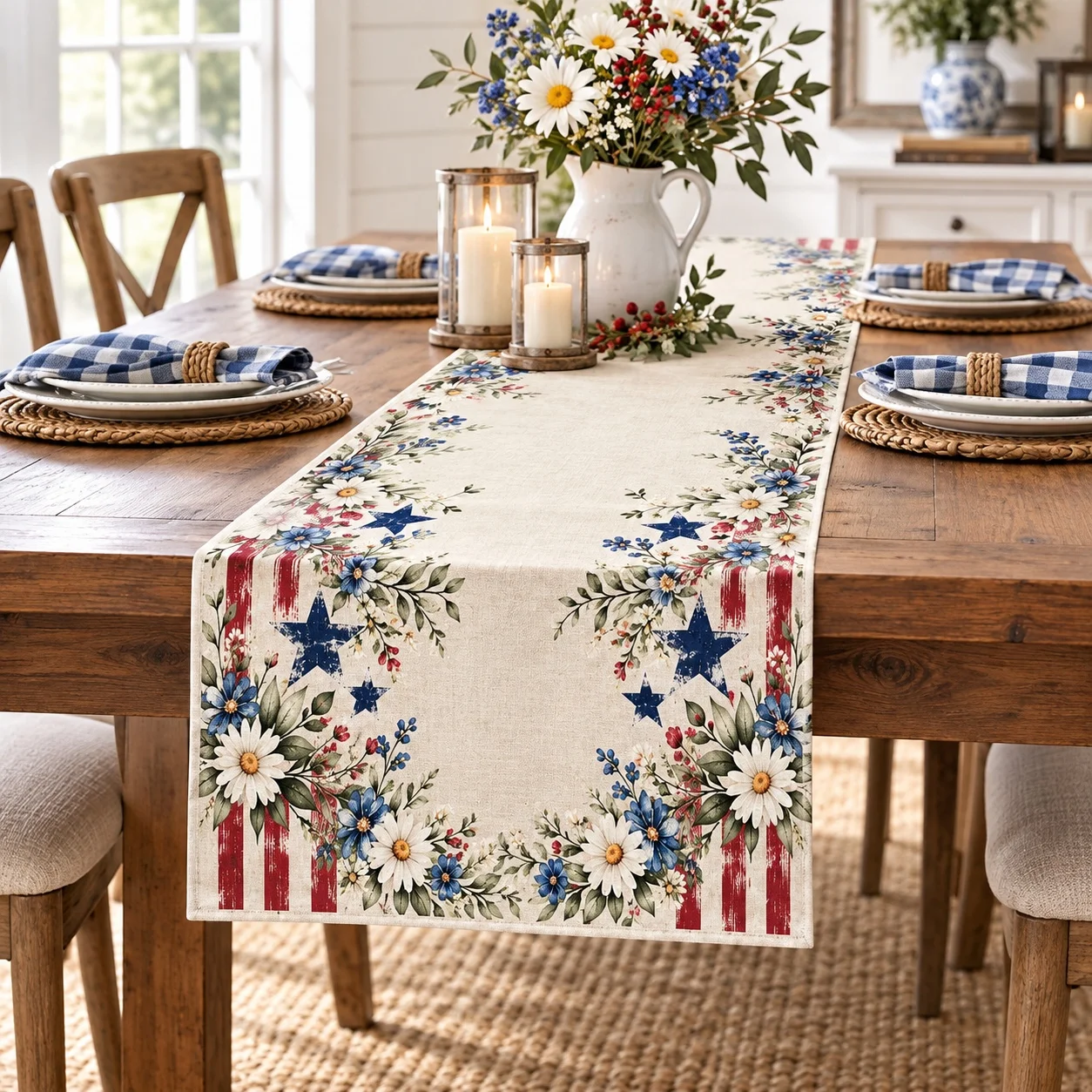 American Patriotic Floral Table Runner Stars Stripes Rustic Dining Table Decor Farmhouse Kitchen Home Party Decoration