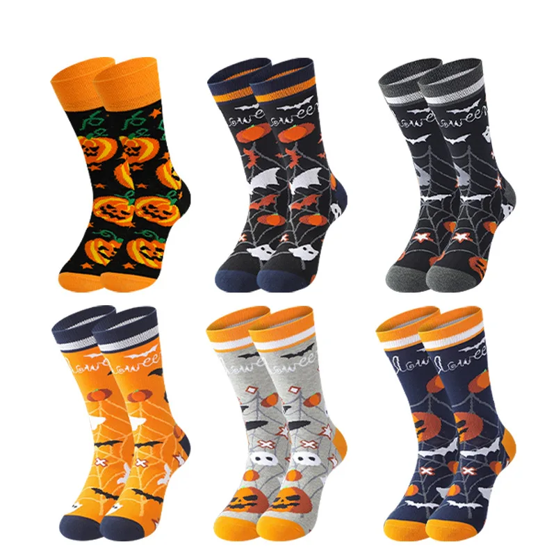 

Unisex Halloween Element Pattern Socks Pumpkin Ghost Skeleton Warm Breathable Mid-Calf Socks for Autumn Winter