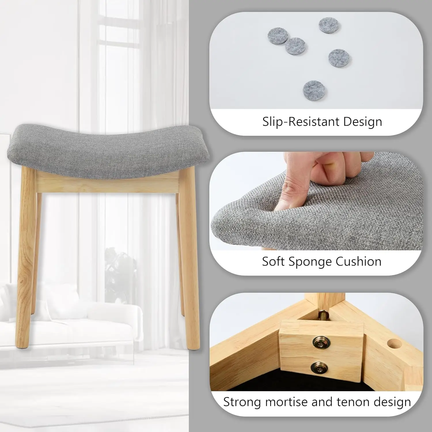Vanity Stool Vanity Chair 18 Inch-  Stool Chair Wood Legs, Modern Piano Bench Makeup and Foot Stool for Bedroom. image 5