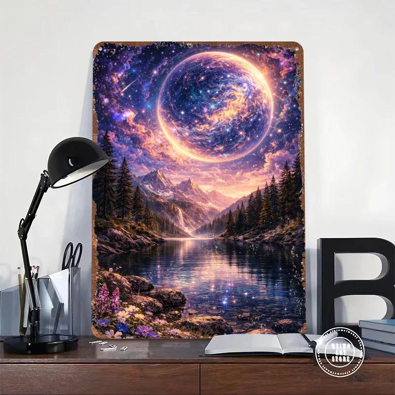 Cosmic Planet Over Mountain Lake Printed Poster Customized Retro Wall Art Vintage Metal Tin Signs for Mancave Decoration Gaming