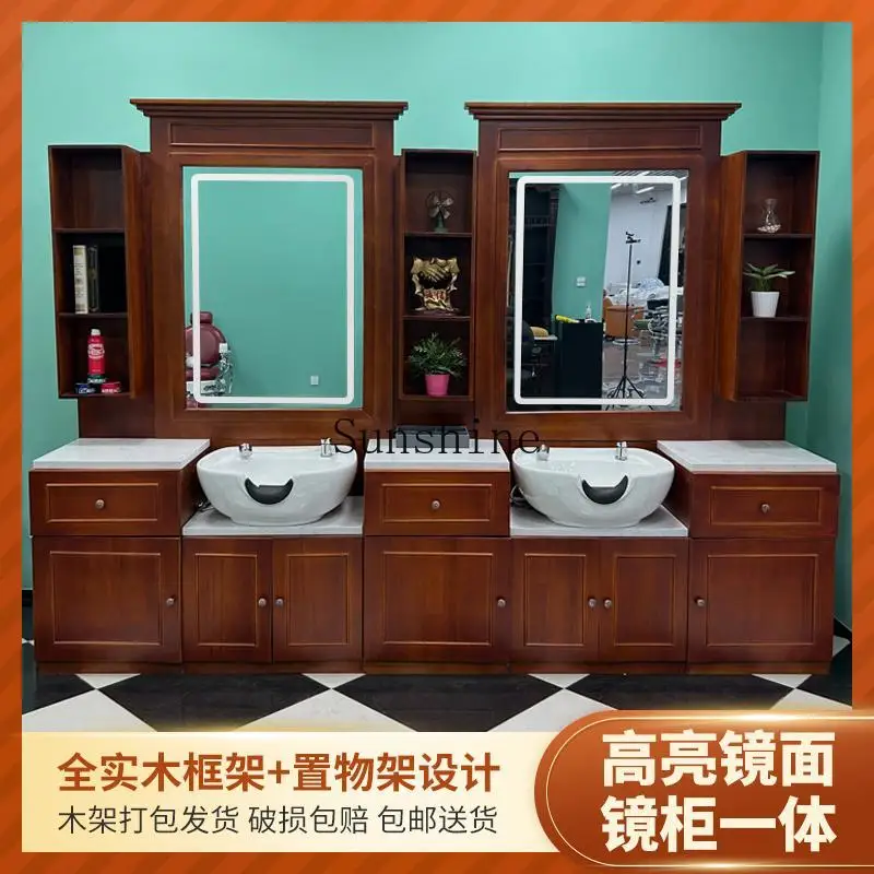 

Special hair cutting solid wood mirror for retro hair salon, special mirror cabinet for men's oil head hall FT