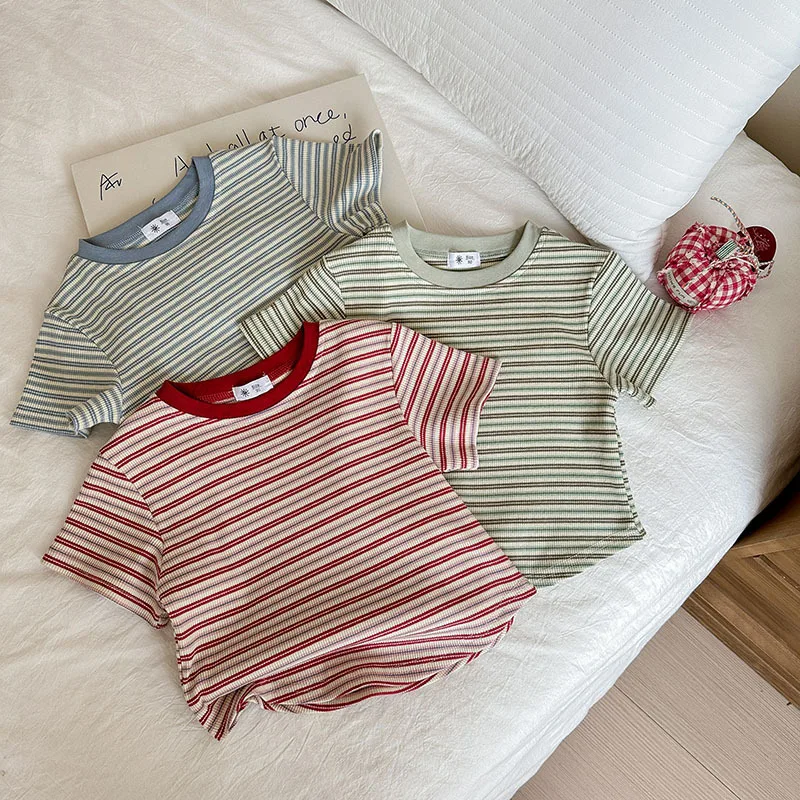 2026 Kids Stripe Short Sleeve T-shirt Summer Girls Boys New American Style Color Blocking Fitted Top Children Clothes