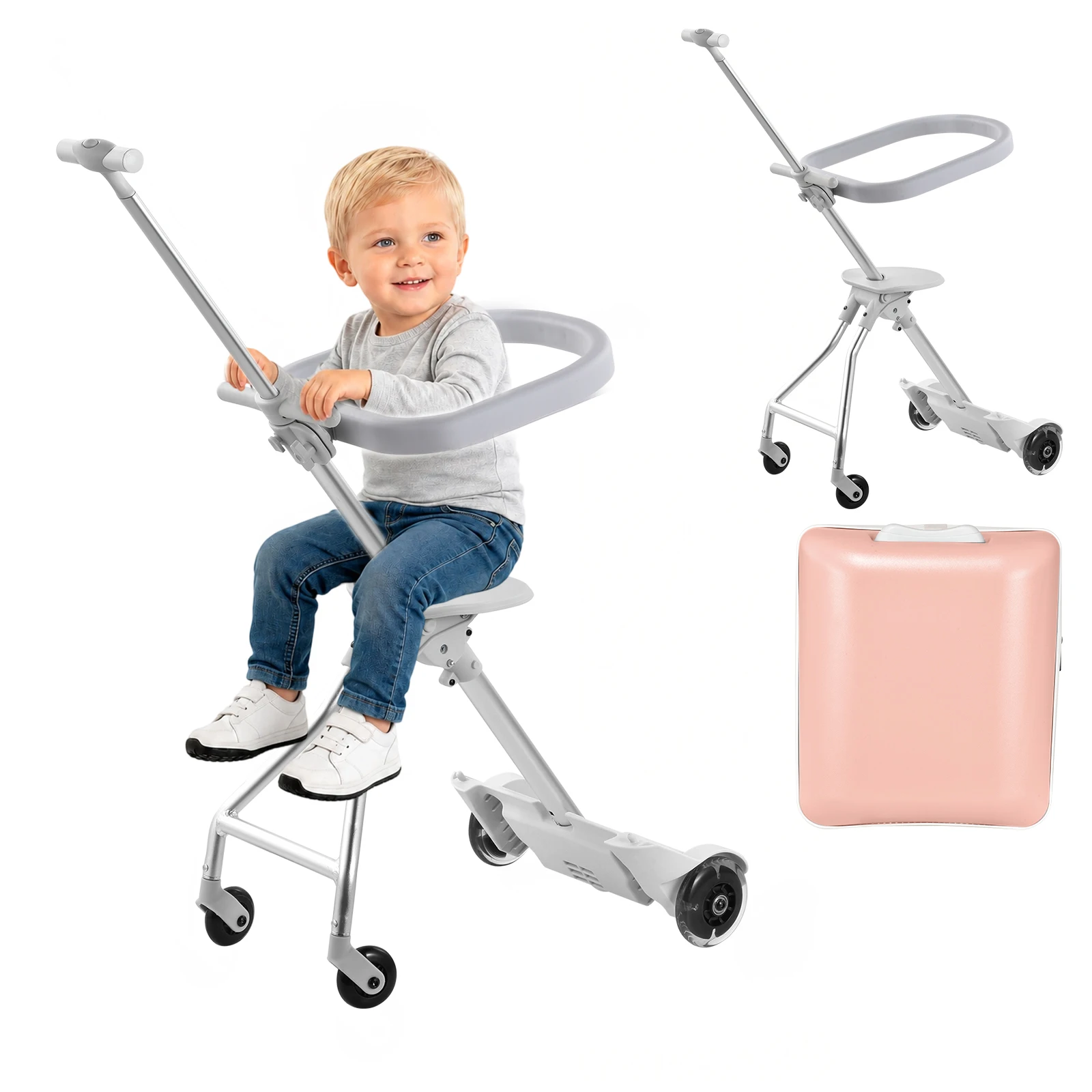 Kids Ride on Suitcase 20 Inch Stroller Luggage 2 in 1, Rideable Carry on Travel Bag with Detachable Seat, Toddler Suitcase with Smooth Spinner Wheels and Telescoping Handle for Boys Girls, Blue and Pink view 2