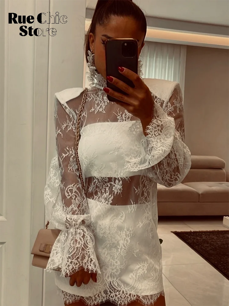 Chic Black Lace See Through Lady Fashion Top Half-high Collar Full Sleeve Cropped Blouse 2026 New Spring Women Party Street Tops image 5