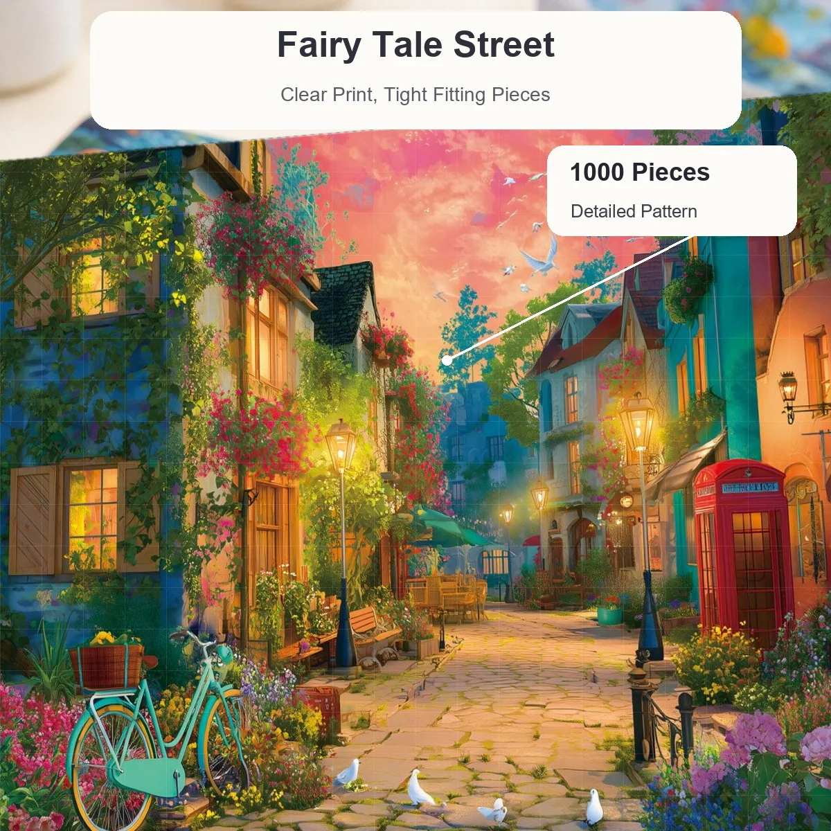1 Box 1000 Piece Jigsaw Puzzle, Fairy Tale Street At Dawn, Charming Old Town Landscape Puzzle, Romantic Wall Art Decor