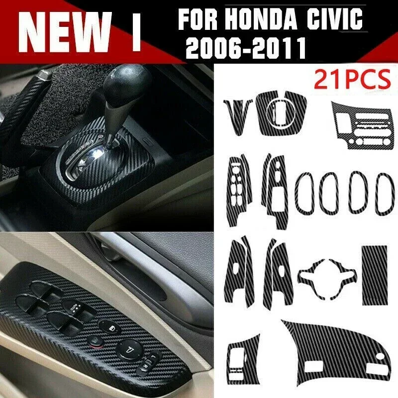 1 Juego de calcomanías interiores de coche con patrón de fibra de carbono 3D embellecedor para Honda Civic 2006-2011 Kit brillante piezas accesorios embellecedor envolvente Interior