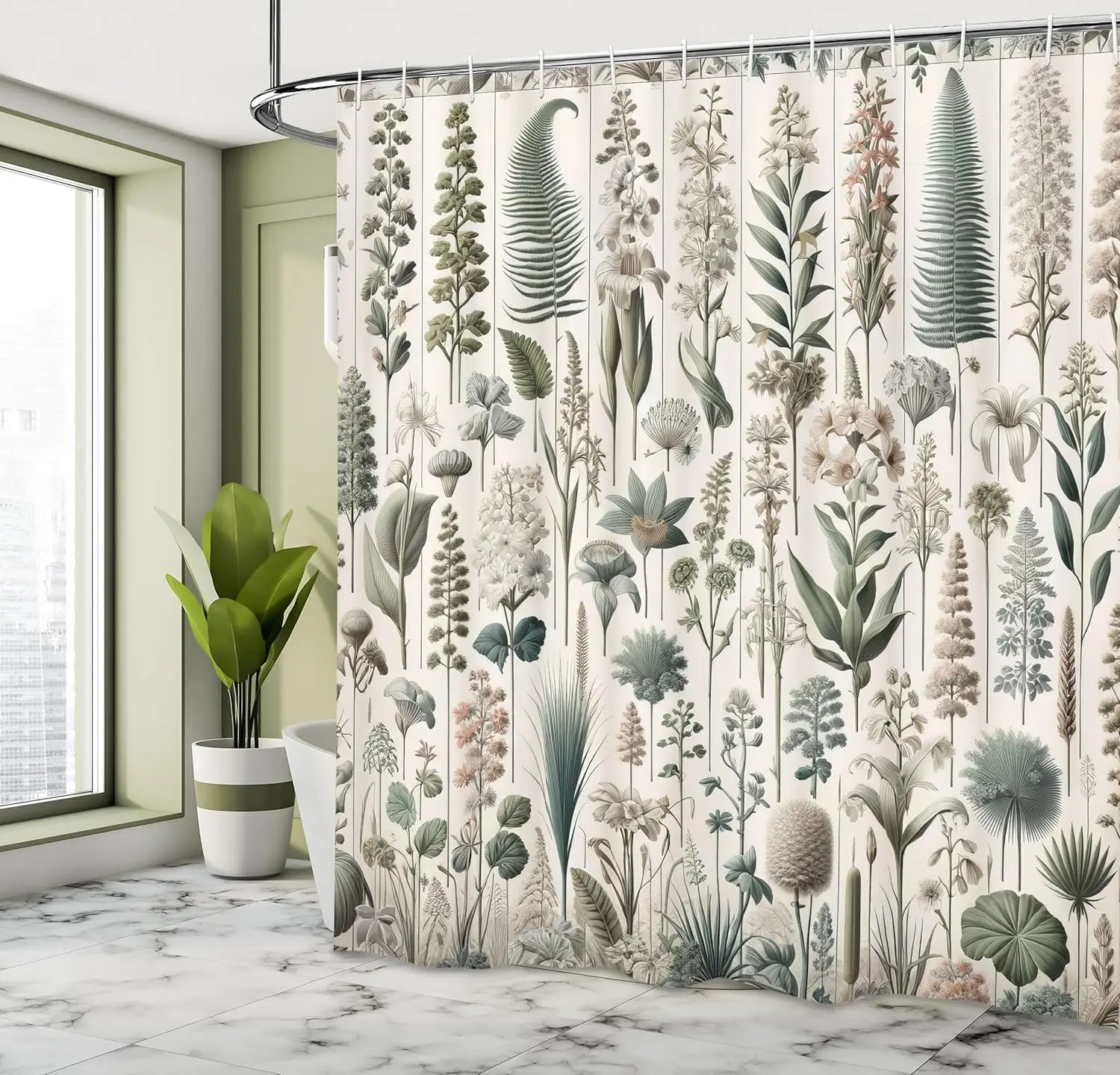 

Нейтральная занавеска для душа, экзотическая ботаническая иллюстрация листьев, папоротники и пальмы, тканевая ткань для ванной комнаты