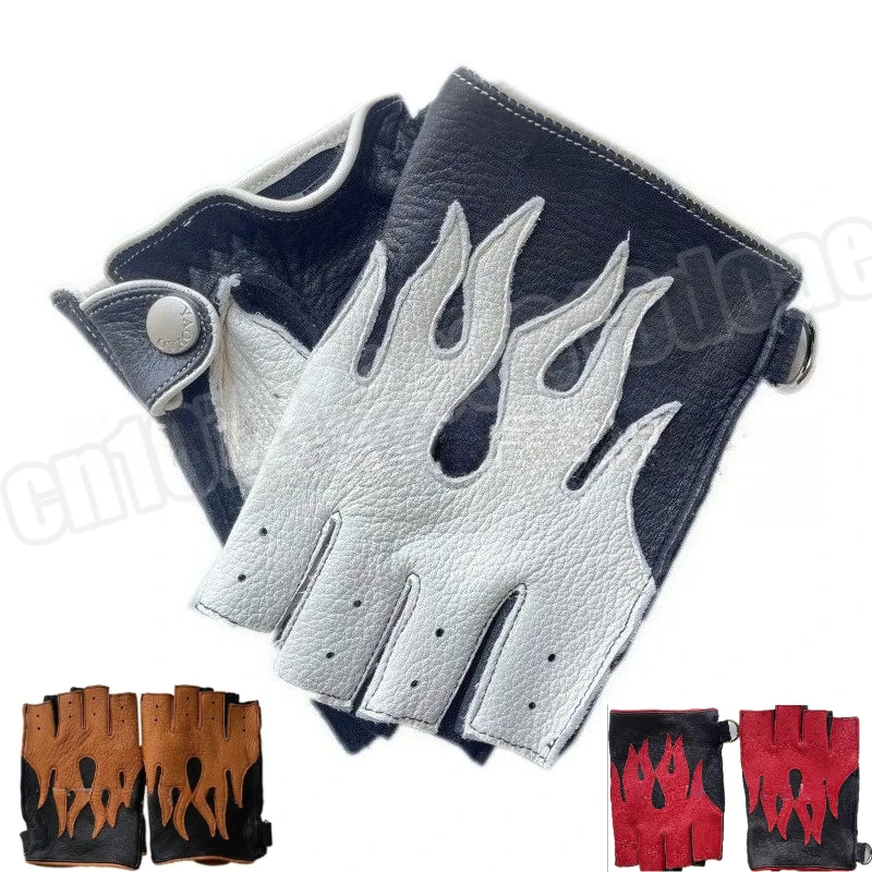 

Half finger Deer Skin Flame Genuine Leather Men's Gloves for Riding Motorcycles and Driving Cars, Warm and Thick Winter Gloves