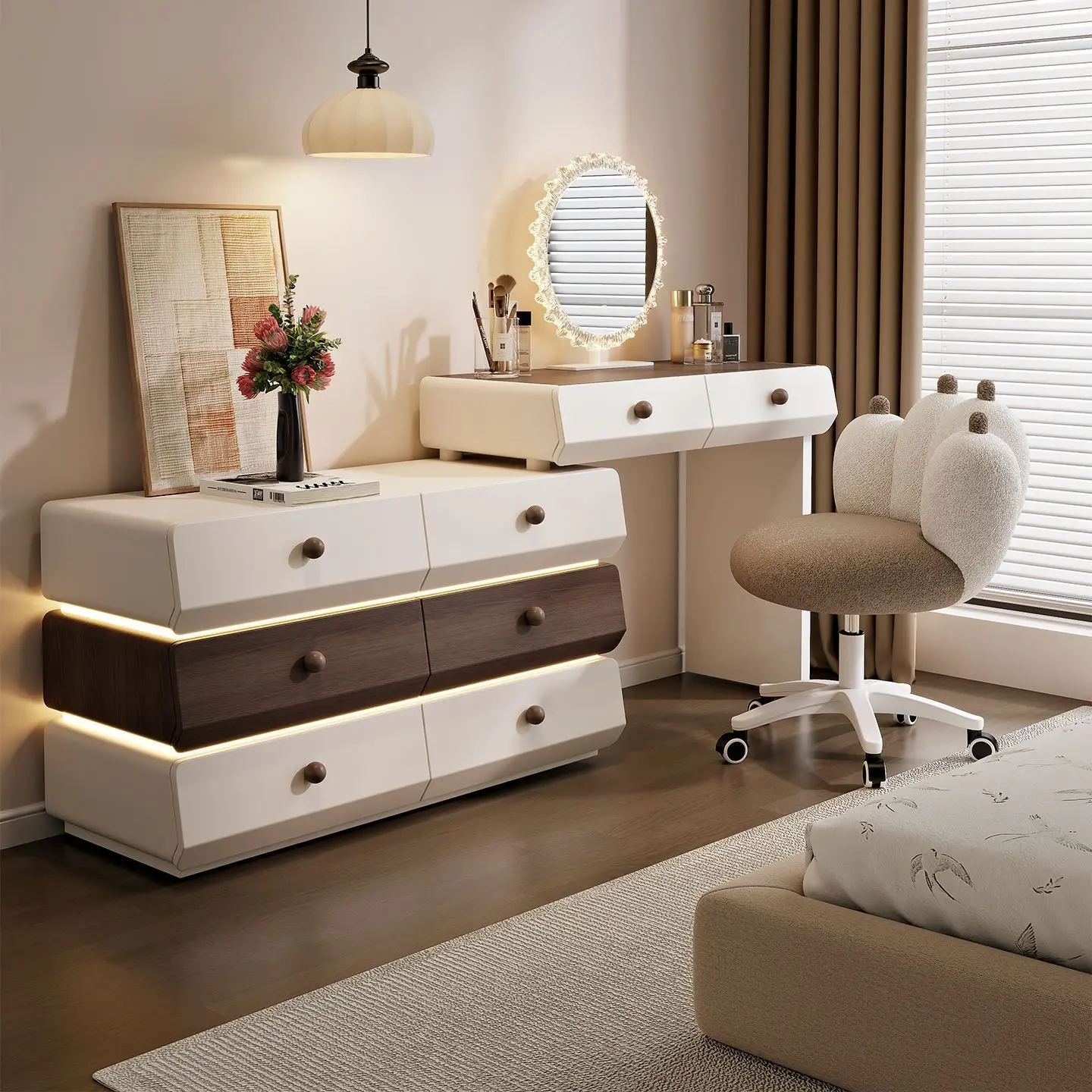 Medieval Cream Style Dresser Chest Integrated Bedroom Modern Simplicity With Ambient Light Storage Cabinet Makeup Table Solid Wo