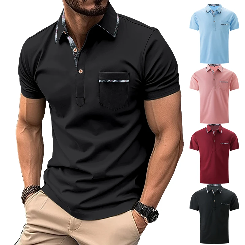 

Summer new men's polo shirt casual pocket striped patchwork lapel top