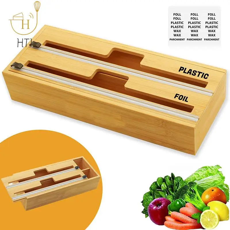 Bamboo Kitchen Drawer Organizer Aluminum Foil Plastic Wrap Dispenser With Slide Cutter Ziplock Bag Food Storage Organizer