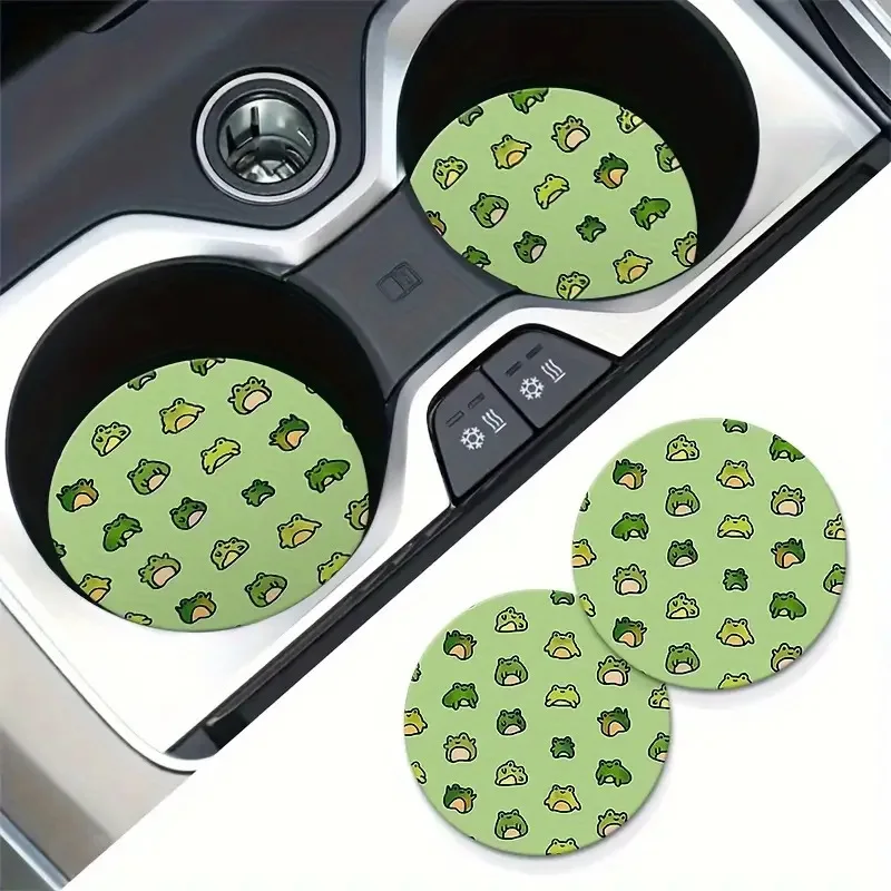 2pcs Green Frog Decorative Car Cup Mat Fashion Design Car Water Cup Mat Anti slip Mat Suitable for Most Vehicles