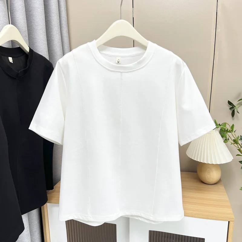 

100 кг, летние новые однотонные футболки с круглым вырезом и короткими рукавами, большие размеры, женская повседневная футболка 667