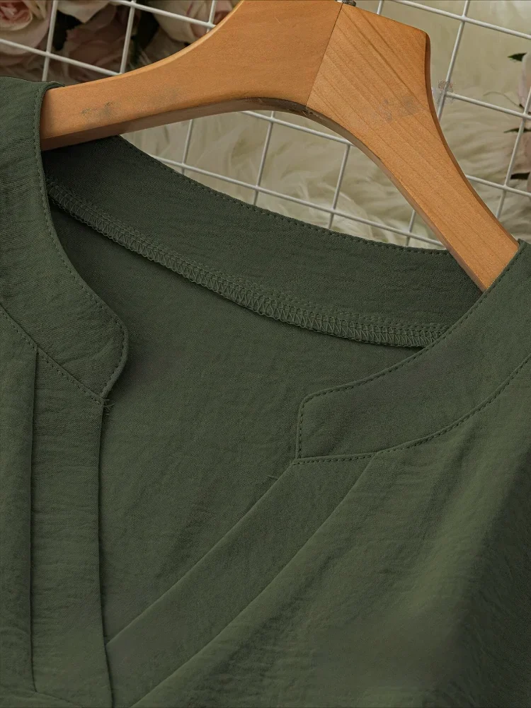 حجم كبير 2025 بلايز غير رسمية جديدة المرأة فضفاضة طويلة الأكمام الوقوف طوق تي شيرت البوليستر موضة الملابس النسائية الخامس الرقبة الملابس #5