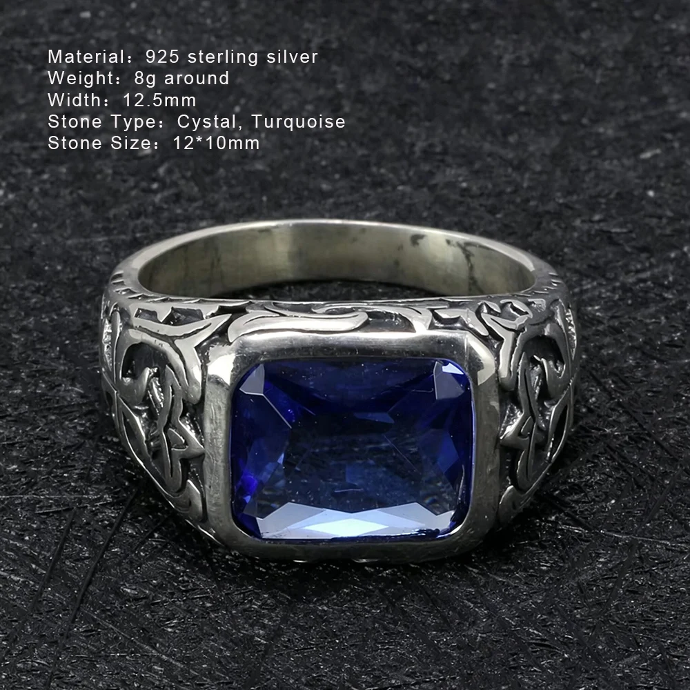 Real Pure 925 Sterling Silver Rings For Men Blue Natural Crystal Turquoise Stone Mens Ring Vintage Engraved Flower Fine Jewelry