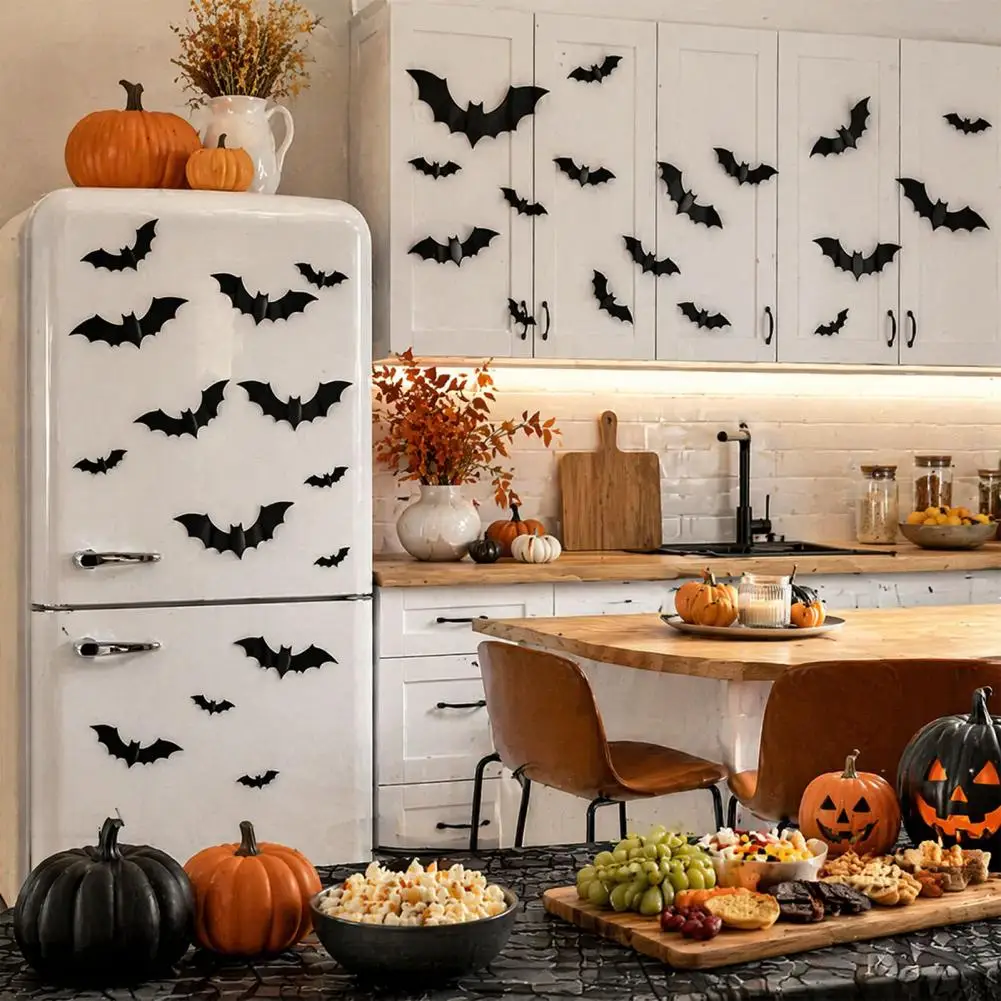 3D Bats Wall Decor, Halloween Black Bat Wall Stickers, Waterproof Scary Plastic DIY Room Decal for Halloween Party Supplies