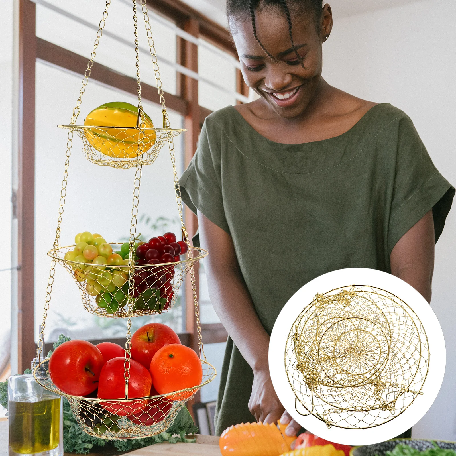 

1 set 3-Tier Fruit Hanging Iron Wire Storage Rack Kitchen Bathroom Organizer Drain Wire Fruit Basket Hanging Baskets Flower