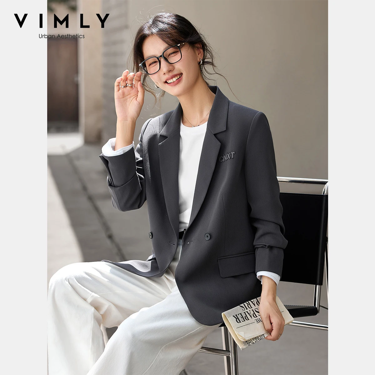 VIMLY Gray Women's Letter Embroider Jacket Coats Autumn 2025 Oversized Turn-down Blazer Woman Office Wear Blazer Femmes A2516