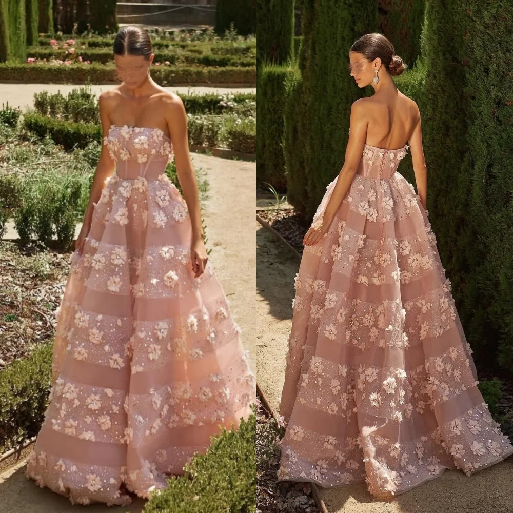 

Customized Net Applique Flowers Sequined Strapless A-line Floor-length Bespoke Occasion Evening Luxury Prom Gorgeous Sparkle