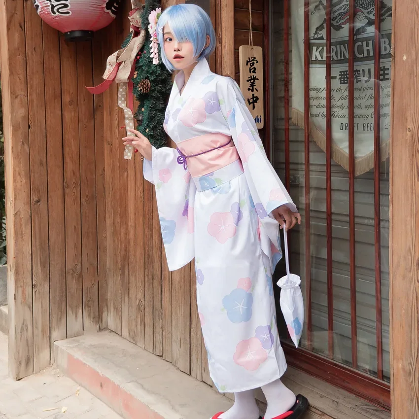 Japanese Anime Rem Cosplay Costume Dress Women Clothing Traditional Ethnic Ram Kimono Bathrobe Rem Flower Print Lolita Dress