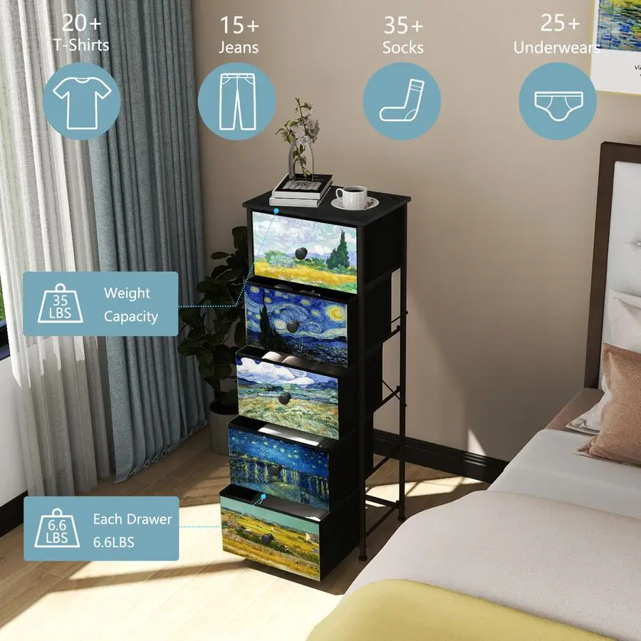 ตู้ข้างเตียงทรงสูงแคบ 5 ลิ้นชัก ลายแวนโก๊ะ สำหรับห้องนอน ตู้เก็บของผ้าสำหรับห้องนั่งเล่น ทางเข้าบ้าน และโถงทางเดิน