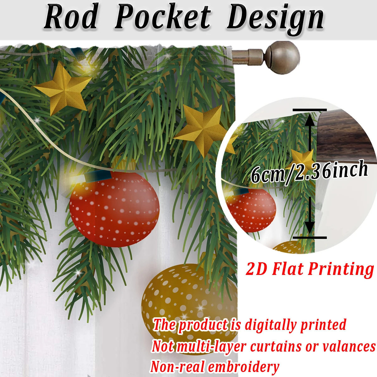 Christmas Flat Printing Sheer Curtain with Christmas Ball Bow Star Pine Branch for Living Room Bedroom Decor Holiday Party