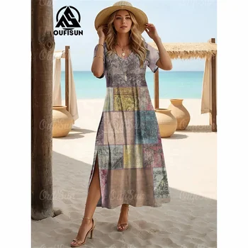 2024 Tasarımcı Patchwork Grafik Baskı Elbiseler Kadın Zarif Uzun Elbiseler Artı Boyutu Kadın Moda Kadın Giyim