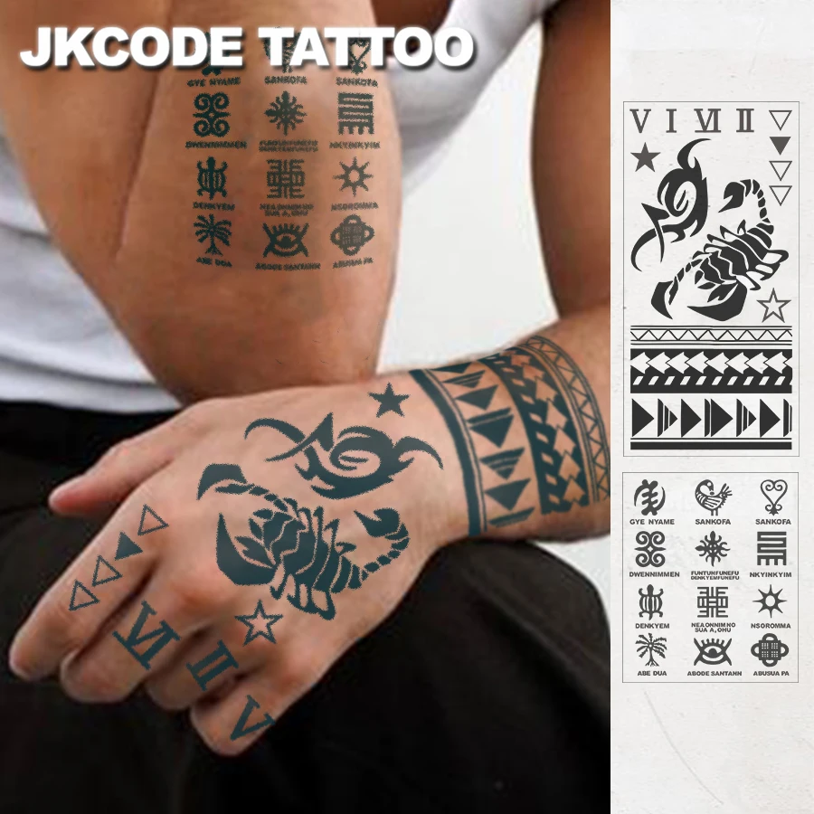 2 個の大型半永久タトゥーステッカー |     部族のトーテム、サソリ、幾何学模様の腕章デザイン |     防水ユニセックスボディアートステッカー、模擬タトゥー、植物テーマ、魔法のパターン、指のタトゥー、1～2週間持続します
