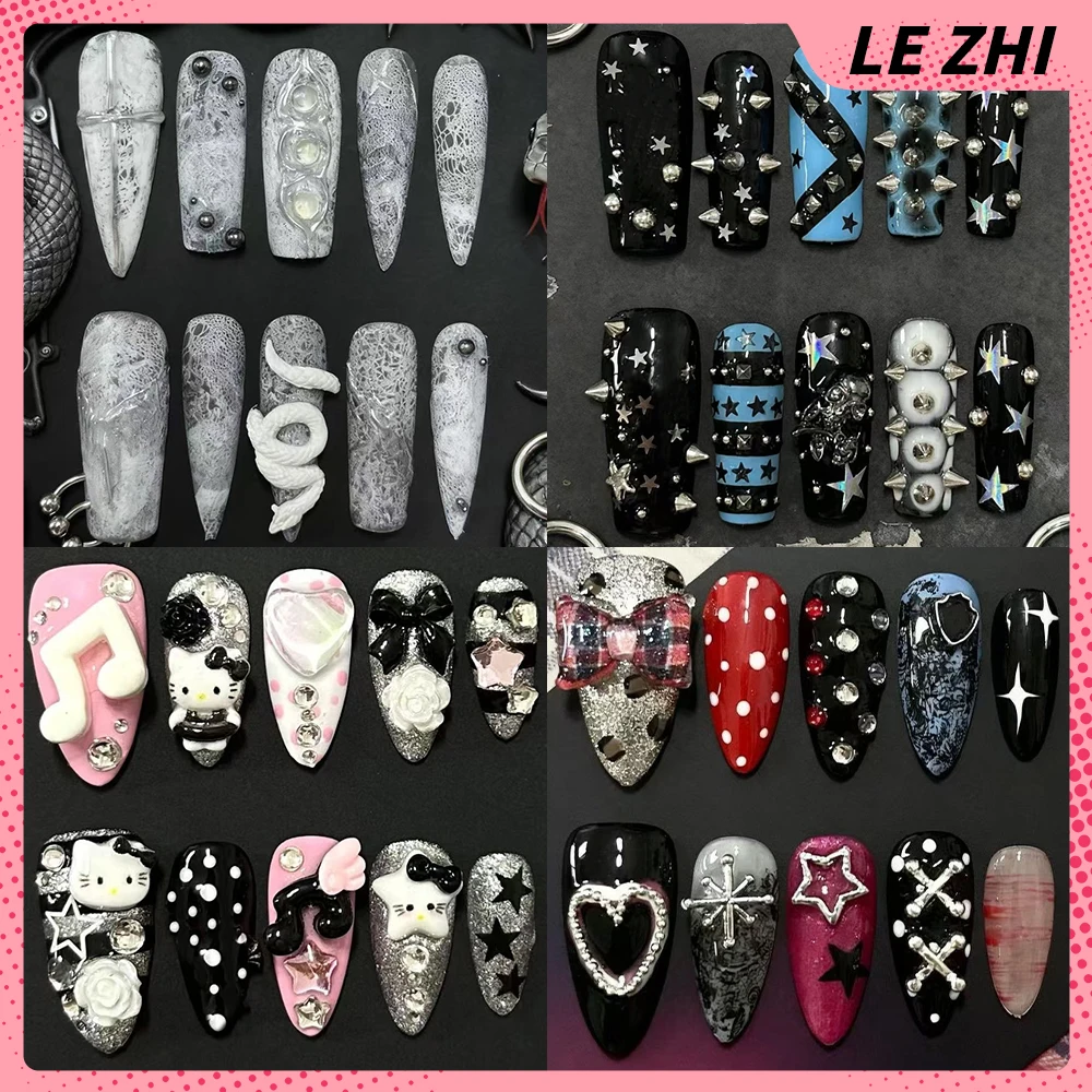 

Y2K Spicy Girl Hello Kitty Long Coffin Almond Handmade Press On Nail Shining Star Diamond Metal Rivets French Wearable Fake Nail