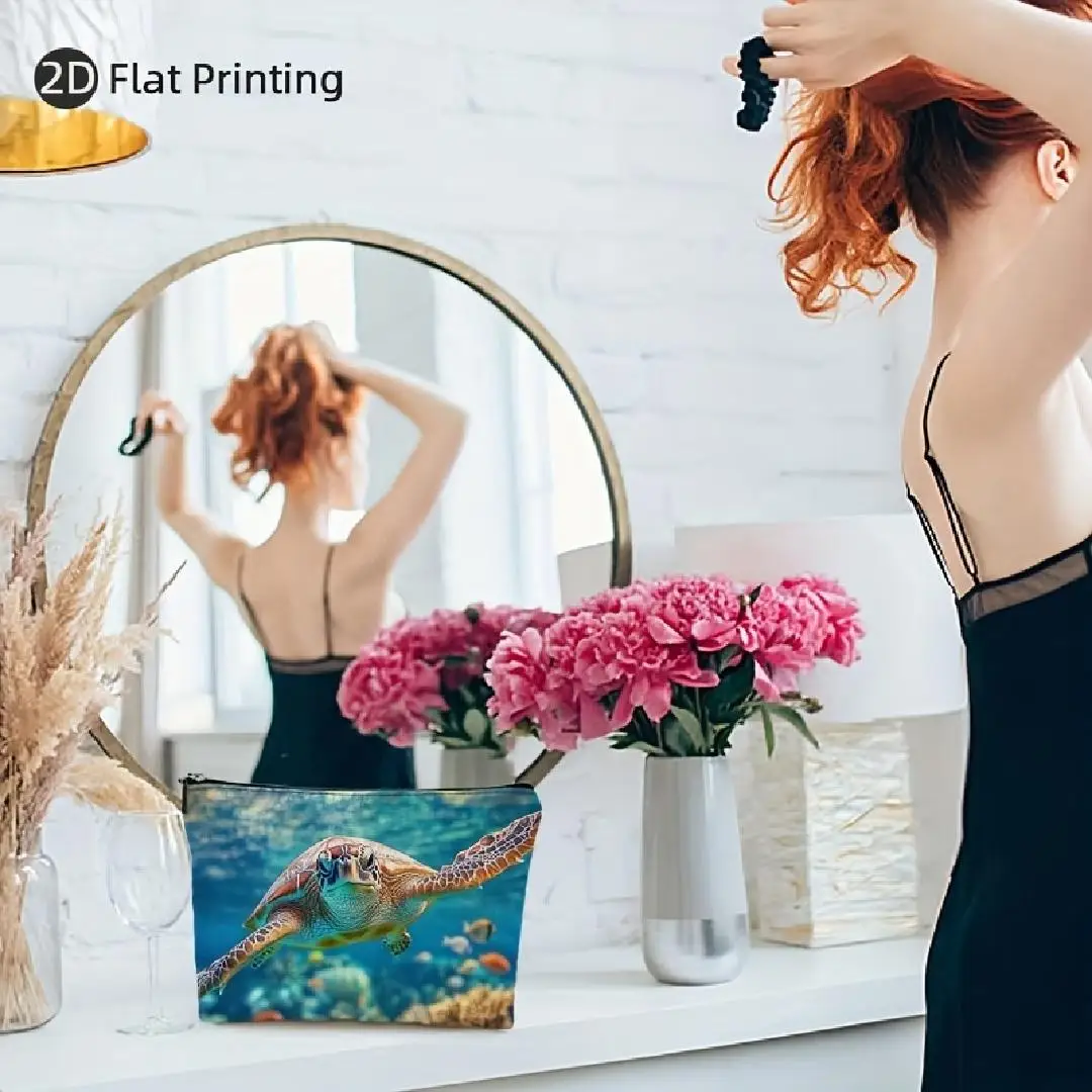 Bolsa de maquiagem com padrão de tartaruga subaquática e recife de coral - bolsa multifuncional com zíper, bolsa de armazenamento de joias, zíper de viagem perfeito