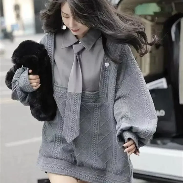 

Women 2024 New Spring Hot Item Fashionable and Stylish Chic Jacket Lantern Sleeve Top Trendy Splicing Fake Two-piece Hoodie