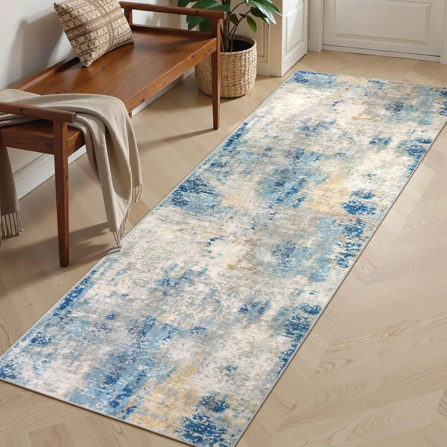 Nordic Abstract Hallway Runner Rug Luxury Blue Gold Floor Mat Non-Slip Kitchen Long Carpet for Bedroom Entrance Decoration