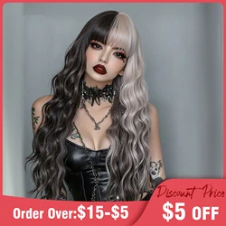Black White Highlight Long Curly Wig With Bangs Black Mixed Gray White Wig For Women Synthetic Multicolor Cosplay Halloween Wig