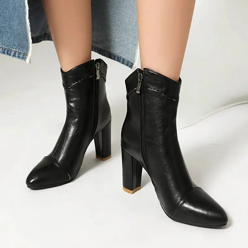 REAVE CAT Classic Women Ankle Boots Pointed Toe Chunky Heels 8.5cm Big Size 45 46 47 Office Ladies Splice Dating Booties