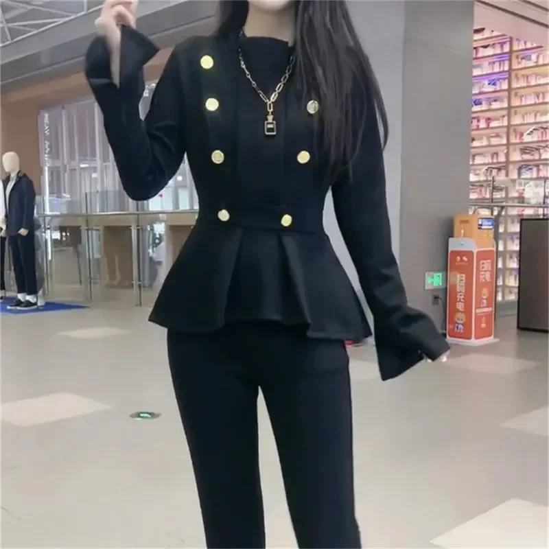 Elasticity 2023 Spring Autumn New Royal Sister Style Fashion Set Slim Fit Slim Top+Micro Flare Pants Set Two Piece Set Black Lad