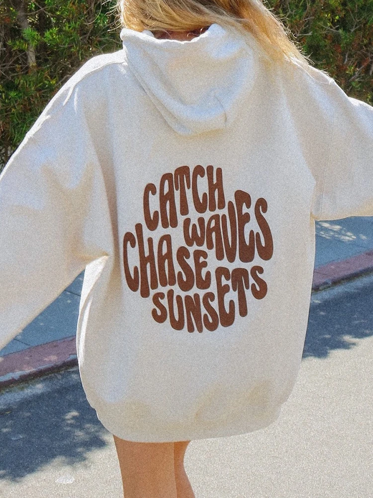 Catch Waves Chase Sunsets Prints Womans Cotton Clothing All-math Casual Sweatshirt Personality Fleece Tops O-Neck Couple Hoodies