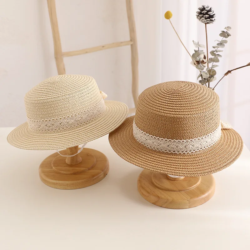 Cute Bow Lace Girls Straw Hat Spring Summer Breathable Sunshade Kids Sun Hat Outdoor Travel UV Protection Children Panama Cap