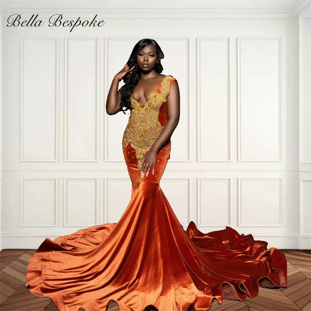 Robe de Rhlongue en velours V N orange pour filles noires, perles de cristal, biscuits, robe d'anniversaire de luxe, robes de soirée personnalisées, 2025