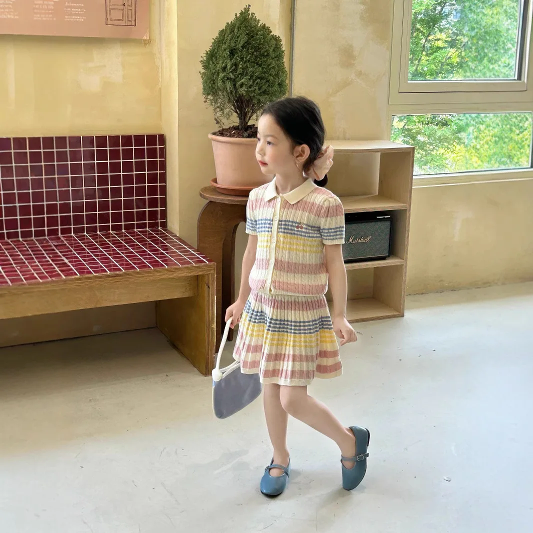 Costume d'été pour filles, vêtements pour enfants, Style coréen, jupe Cardigan à rayures colorées à nouer, deux ensembles décontractés pour tous les jours, nouvelle collection 2025