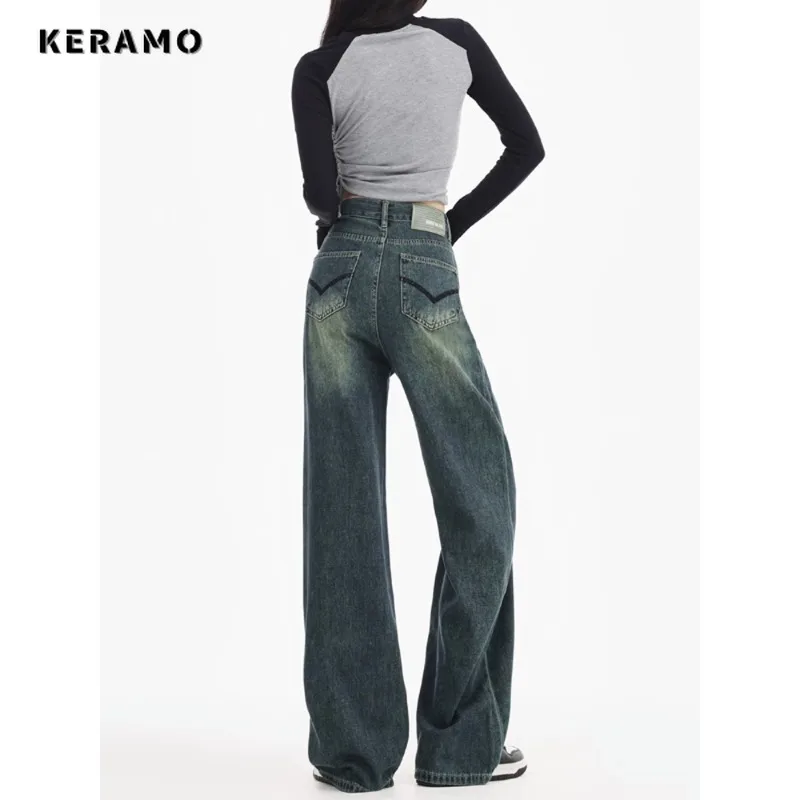 

Korean Y2K Streetwear Style Blue Straight Vintage High Waist Jeans Pants Women's Wide Leg Baggy Full Length Denim Trouser