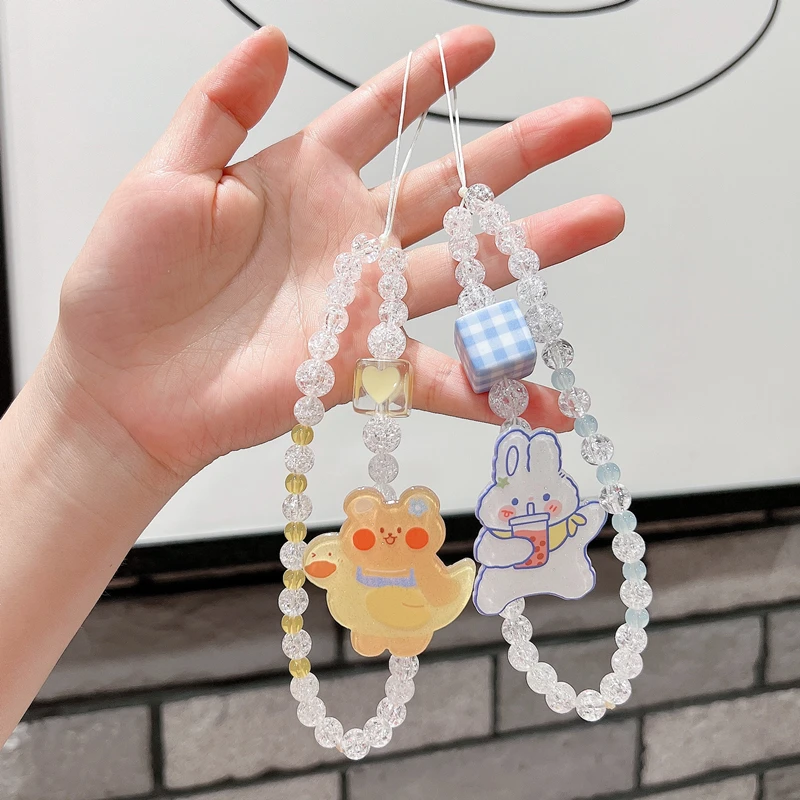 Kawaii universal telefone móvel cordão qualidade bling pérola urso coelho padrão artesanal pulseira moda chaveiro pingente