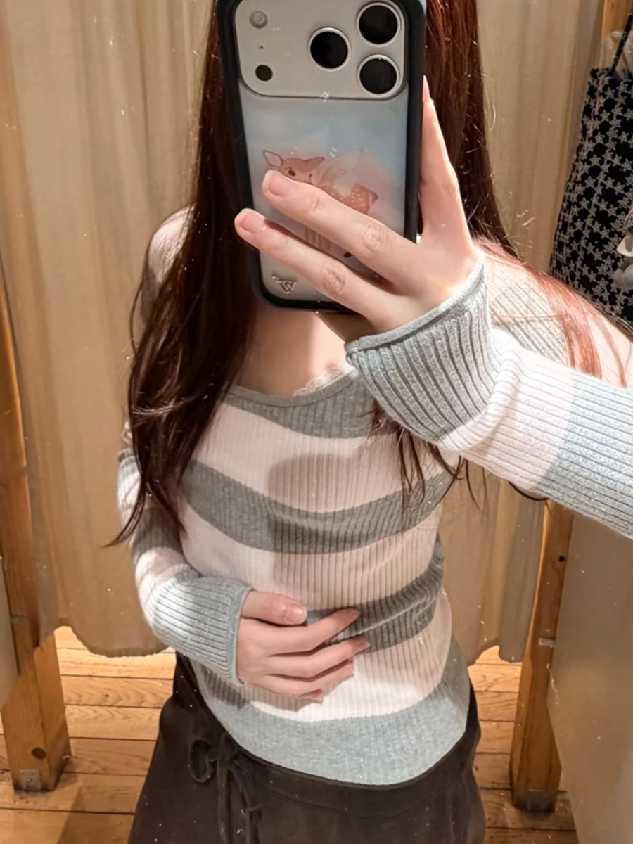 Gray Pink Striped Slim Sweater Woman Autumn O-neck Long Sleeve Cotton Slim Pullover Tops Female Sweet Preppy Style Crop Top New