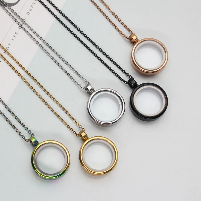 1pc Diameter 20mm Floating Glass Memory Locket Pendant Necklace 304 Stainless Steel + Glass Medallion 5 Colors