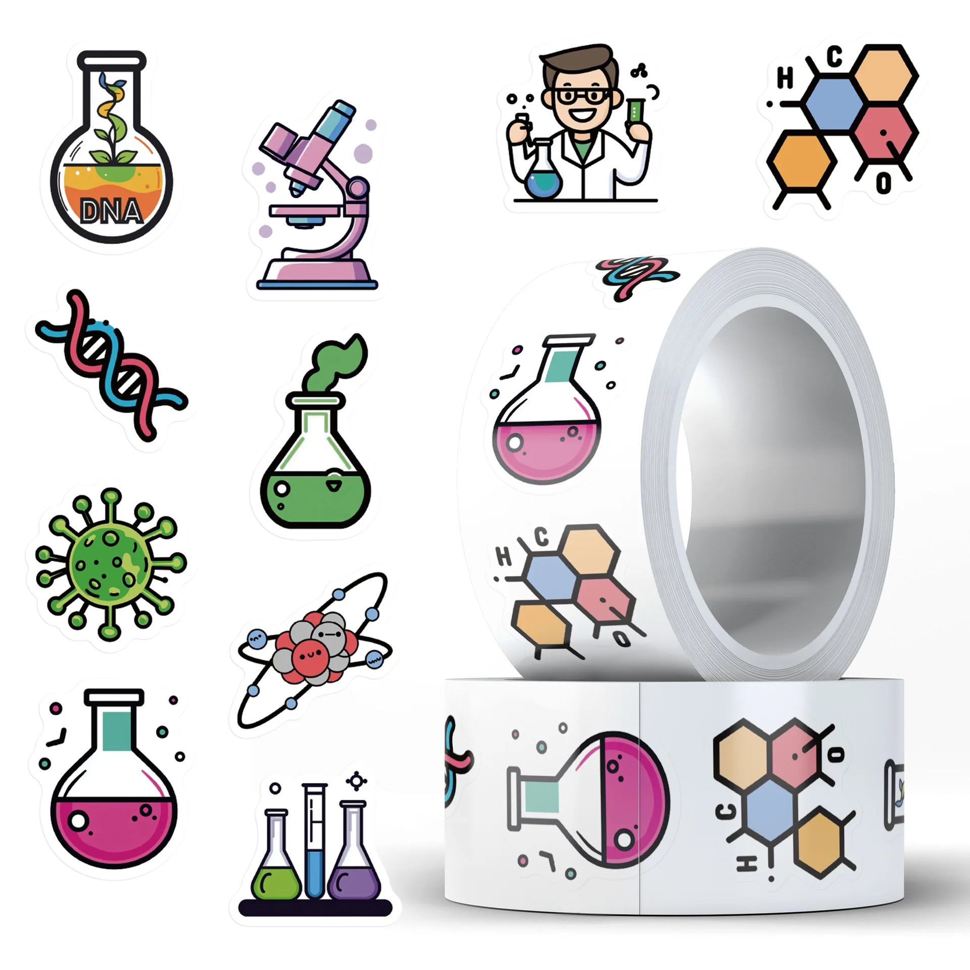 

500pcs/Roll Chemistry Topic Experiments Cartoon Sealing Stickers DIY PVC Laptop Decals Decoration Reward Gift Toy