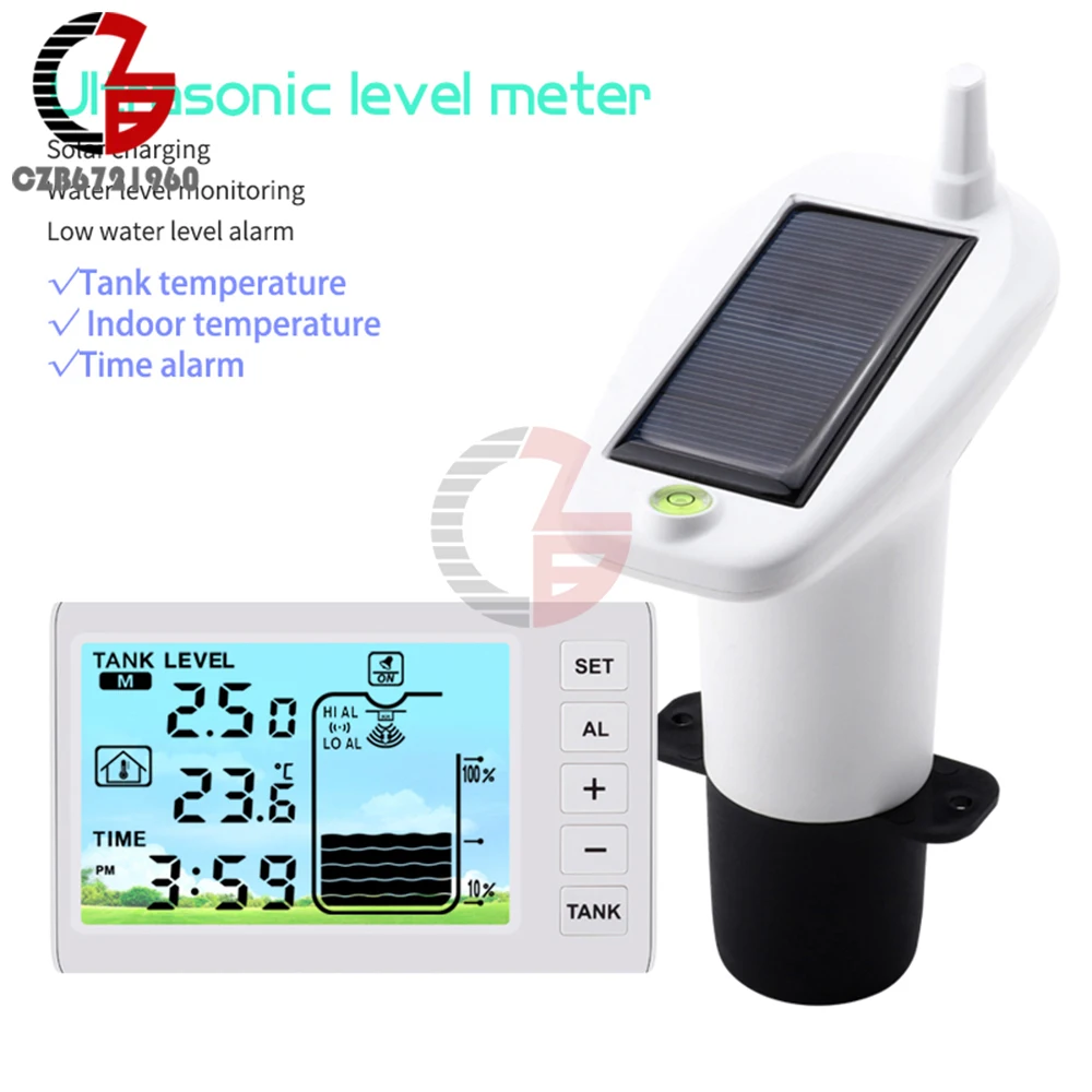 Wireless Solar Ultrasonic Water Level Indicator Gauge Water Tank Sensor Liquid Level Meter Temperature Sensor Alarm Clock