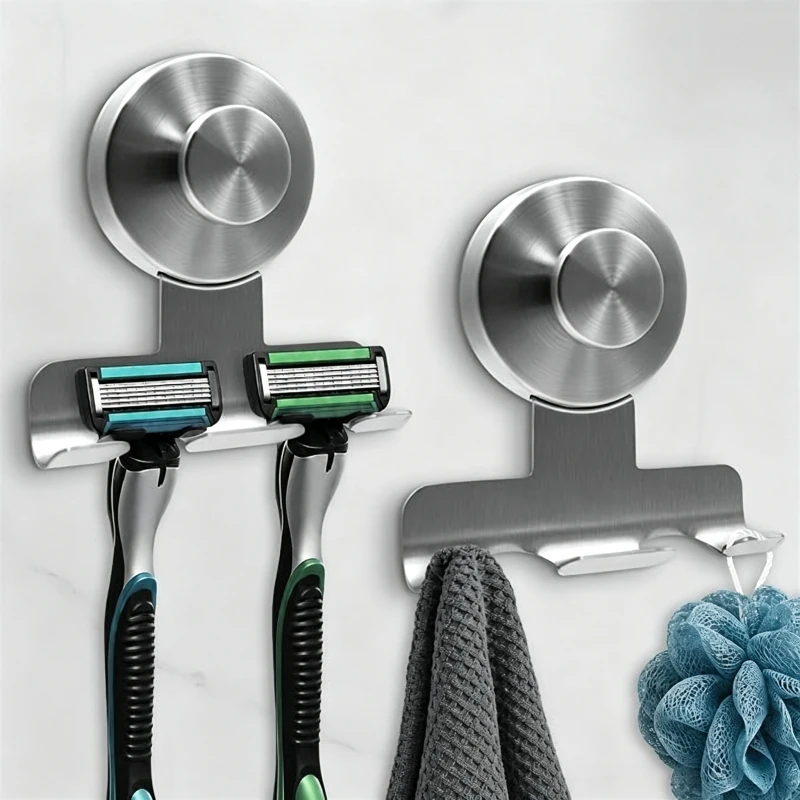 Saugnapf-Rasiererhalter für die Dusche, robust, aus Edelstahl, ohne Bohren, Wandhaken, Badezimmer-Aufbewahrung für Rasierer, Handtuch, Luffa – Detail 2