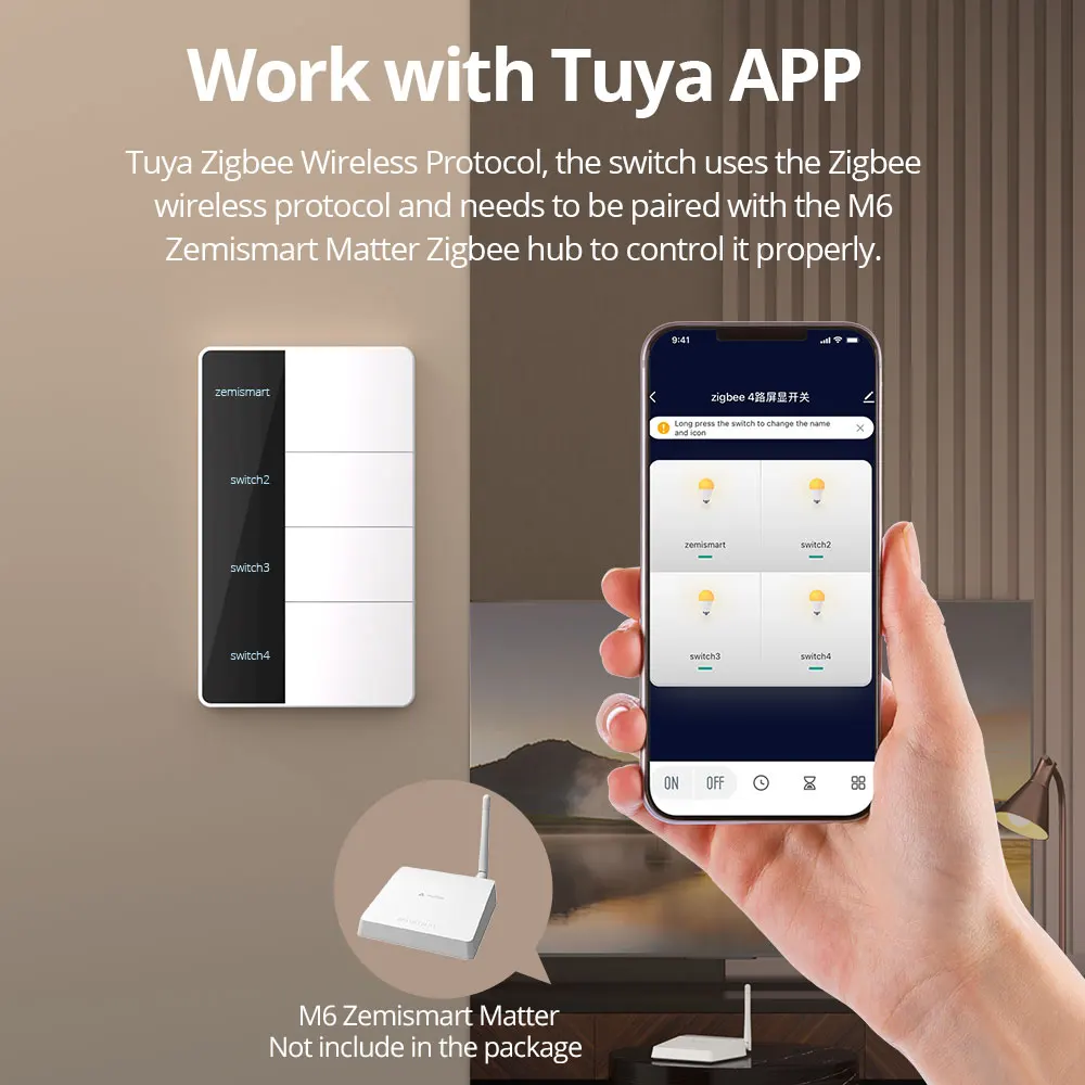 1234 Gang US Type Zigbee Push Light Switch Zemismart Interruptor With Neutral Work with Tuya Homekit SmartThings Via Matter Hub