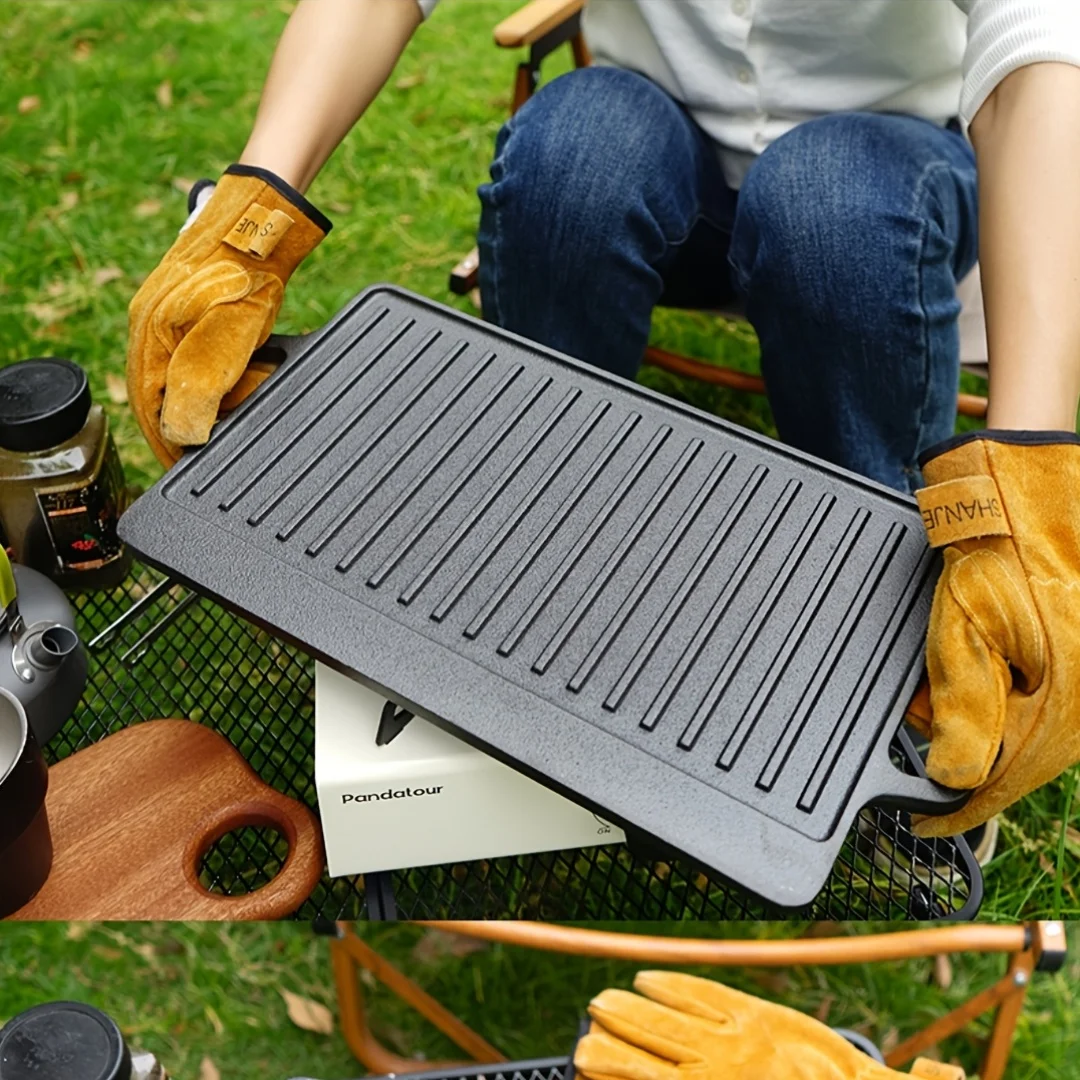 

Cast Iron Baking Tray Can Be Flipped Double-sided Barbecue Tray Outdoor Camping Handle BBQ Tools Barbecue Plate Square Gas Grill