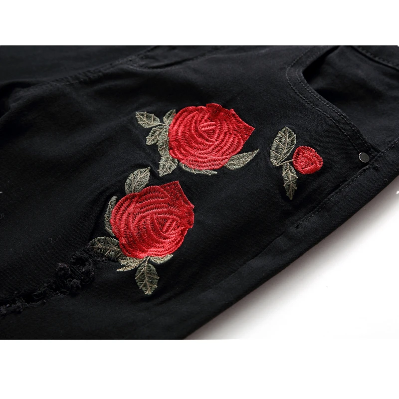 Men's Red Rose Embroidered Jeans, Black Blue Stretch Pants for Men